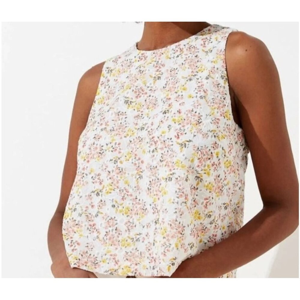 Loft White with Pink and Yellow Floral Eyelet Cropped Tank Lined